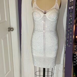 Akira white mesh and crystal body con mini dress size large